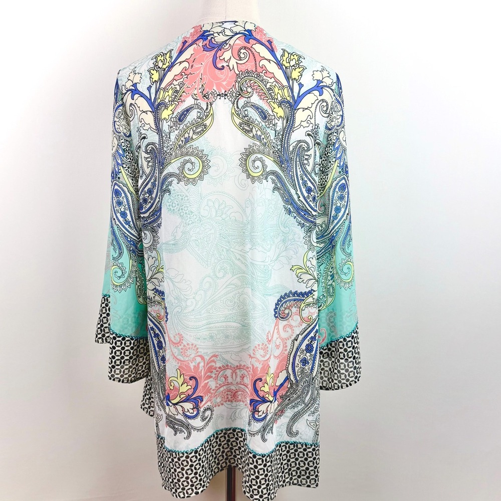 Soft Surroundings Womens S M Sheer Kimono Blue Paisley Sequin Sleeve Boho Duster - Picture 7 of 9
